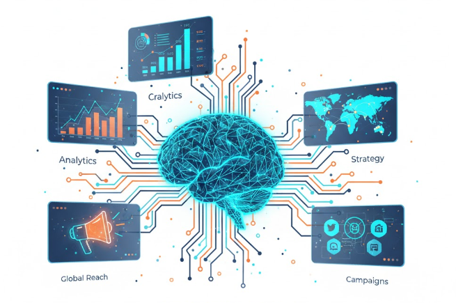 The Future of Artificial Intelligence in Digital Marketing — concept showing AI technology transforming modern marketing strategies with data analysis and automation.